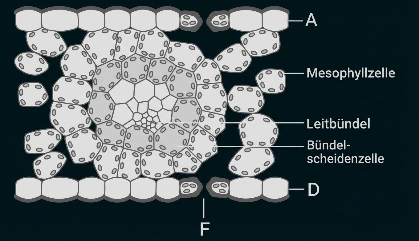 Schematischer Blattquerschnitt mit Mesophyllzellen, Leitbündel und beschrifteten Teilen (A, D, F).